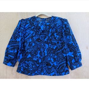 Vintage 3/4 puff sleeve pleated blouse blue black XL
